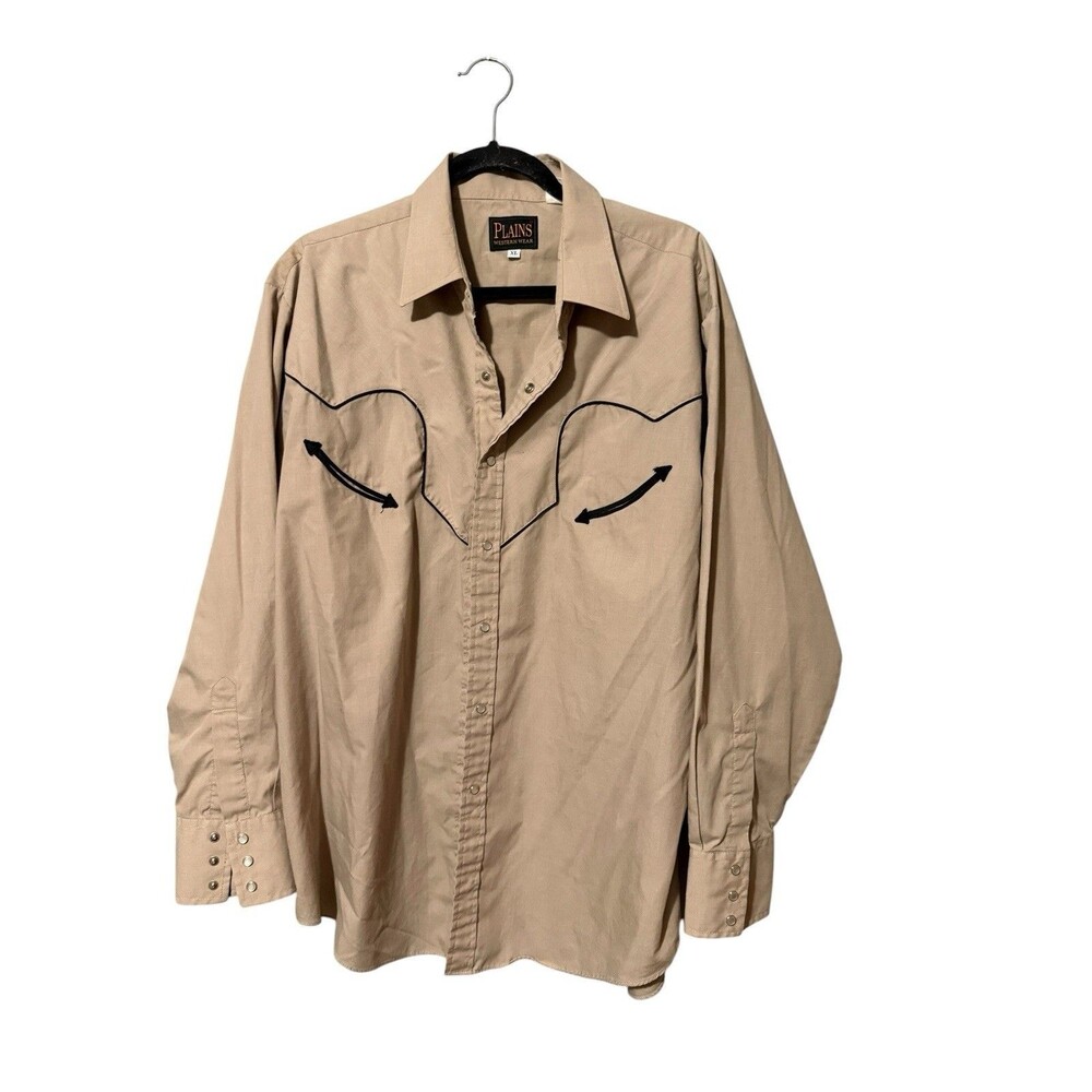 PlainsWestern Wear Snap Front Western Shirt XL Tan Arrow Embroidered Long Sleeve